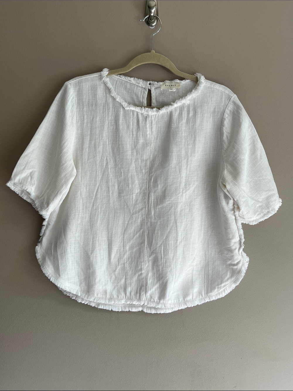 Everly Frayed Linen Slub Boxy White Short Sleeve Blouse #ET2868 size large